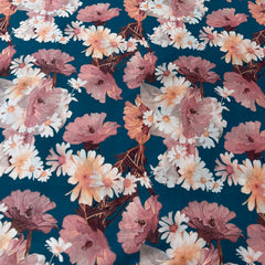 Teal Blue Chinese Floral Lawn Cotton Printed