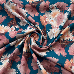 Teal Blue Chinese Floral Lawn Cotton Printed