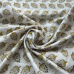 White Yellow Motif Hand Block Cotton Printed