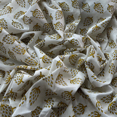 White Yellow Motif Hand Block Cotton Printed