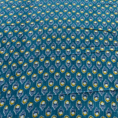 Blue Yellow Floral Motif Hand Block Cotton Printed