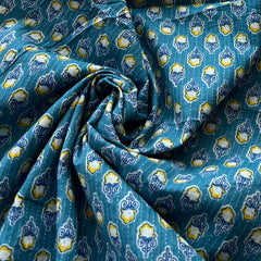 Blue Yellow Floral Motif Hand Block Cotton Printed