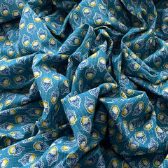 Blue Yellow Floral Motif Hand Block Cotton Printed