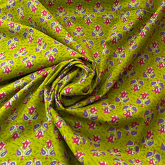 Lime Green Floral Motif Multicolour Cotton Printed