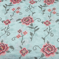 Aqua Blue Cross Stitch Floral Linen Embroidery