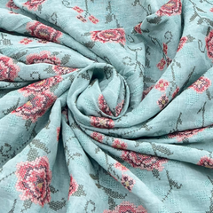 Aqua Blue Cross Stitch Floral Linen Embroidery