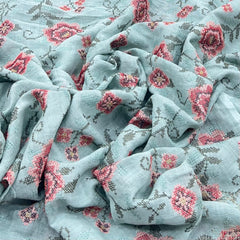 Aqua Blue Cross Stitch Floral Linen Embroidery