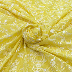 Lemon Yellow Floral Jal Thread Mul Chanderi Embroidery