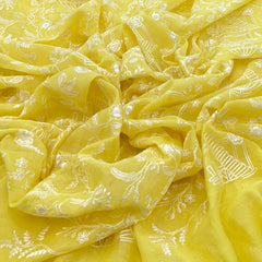 Lemon Yellow Floral Jal Thread Mul Chanderi Embroidery