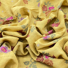 Haldi Yellow/Multi Colour Cross Stitch Floral Linen Embroidery