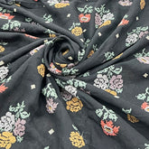 Jet Black/Multi Colour Cross Stitch Floral Linen Embroidery
