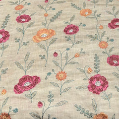 Beige/Multi Colour Cross Stitch Floral Linen Embroidery