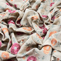 Beige/Multi Colour Cross Stitch Floral Linen Embroidery