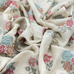 Cream/Multi Colour Cross Stitch Floral Linen Embroidery