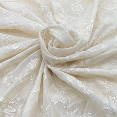 Off White Floral Self Cotton Embroidery