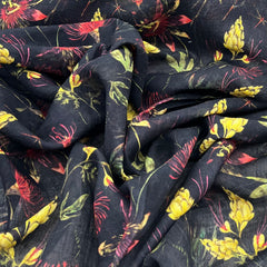 Black Blue Floral Pure Gauge Linen Print