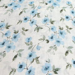 White With Blue Floral Gauge Linen Print