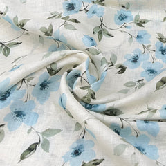 White With Blue Floral Gauge Linen Print