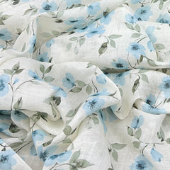 White With Blue Floral Gauge Linen Print