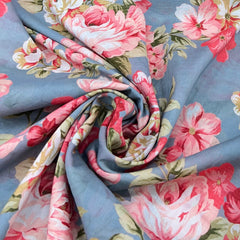Greyish Blue Multicolour Floral Mul Mul Cotton Print