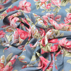 Greyish Blue Multicolour Floral Mul Mul Cotton Print