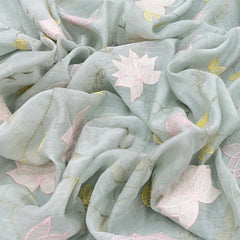 Mint Green Floral Mul Chanderi Applique Embroidery