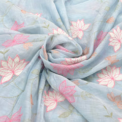 Light Blue Floral Mul Chanderi Applique Embroidery