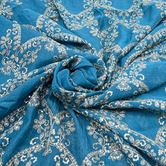 Teal Blue Floral Jal Mul Chanderi Zari Embroidery