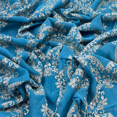 Teal Blue Floral Jal Mul Chanderi Zari Embroidery