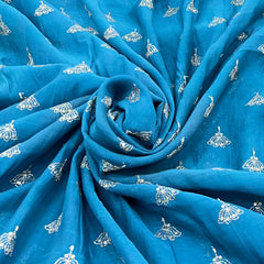 Teal Blue Floral Mul Chanderi Zari Embroidery