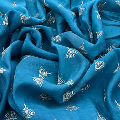 Teal Blue Floral Mul Chanderi Zari Embroidery