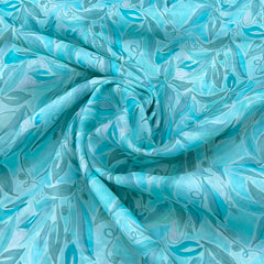 Aqua Blue Tropical Leaf Mul Cotton Print