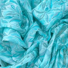 Aqua Blue Tropical Leaf Mul Cotton Print