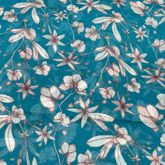 Dark Turquoise Blue Japanese Floral Mul Cotton Print