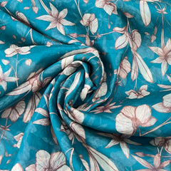 Dark Turquoise Blue Japanese Floral Mul Cotton Print