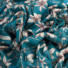 Dark Turquoise Blue Japanese Floral Mul Cotton Print