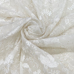 White Floral Jal Sequins Thread Mul Chanderi Embroidery