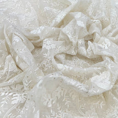White Floral Jal Sequins Thread Mul Chanderi Embroidery