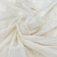 White Floral Butti Thread Sequins Mul Chanderi Embroidery