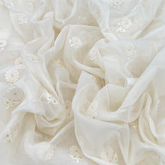 White Floral Butti Thread Sequins Mul Chanderi Embroidery