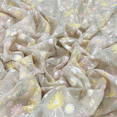 Beige All Over Floral Thread & Sequins Mul Chanderi Embroidery