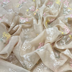 Beige Floral Multicolour Thread Butti Mul Chanderi Embroidery
