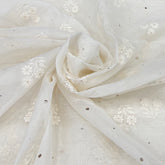Off White Floral Butti Thread & Mukaish Mul Chanderi Embroidery