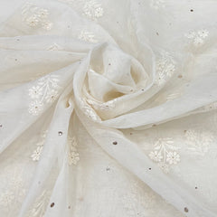 Off White Floral Butti Thread & Mukaish Mul Chanderi Embroidery