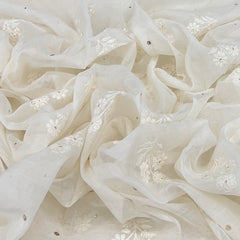 Off White Floral Butti Thread & Mukaish Mul Chanderi Embroidery