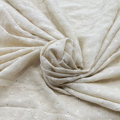 Beige Flower Butti Linen Sequins Thread Embroidery