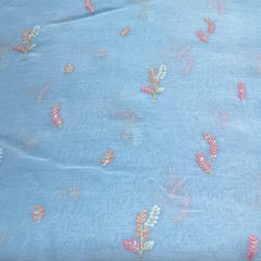 Baby Blue Thread & Sequins Butti Mul Chanderi Embroidery