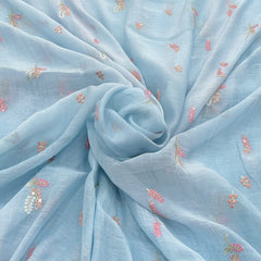 Baby Blue Thread & Sequins Butti Mul Chanderi Embroidery