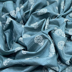 Cement Green Flower Thread Butti Tussar Embroidery
