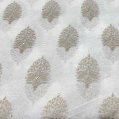 White Brown Mul Chanderi Flower Butta Sequins Thread Embroidery